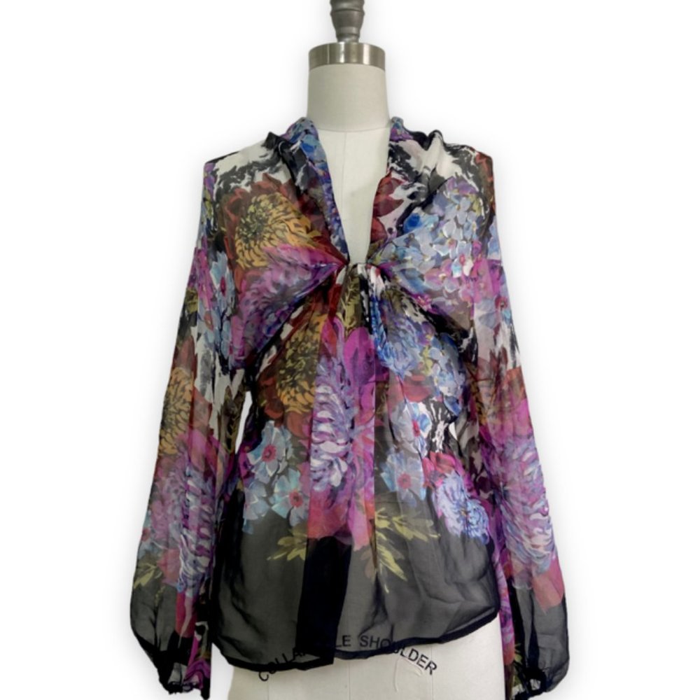 MNG Silk Twist Front Floral Multicolor Abstract Long Sleeve top Blouse S